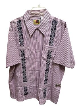 Haband Men's Burgundy and White Striped Short Sleeve Guayabera